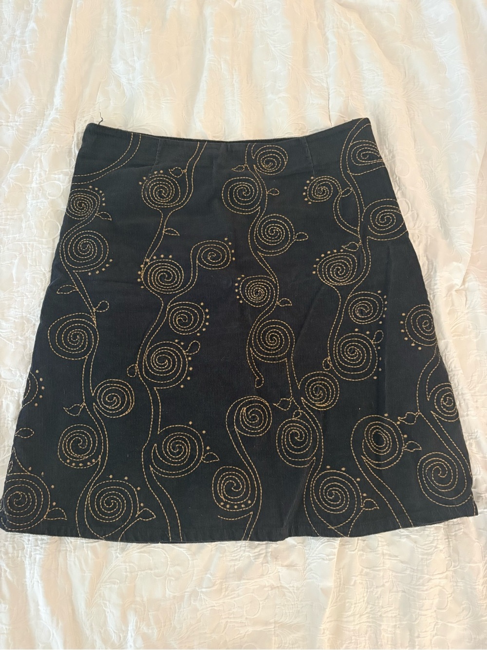 Black Corduroy A-Line Skirt with Gold Swirl Embroidery